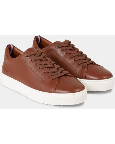Tommy Hilfiger Premium Cupsole Grained Leather Sneakers - Brown