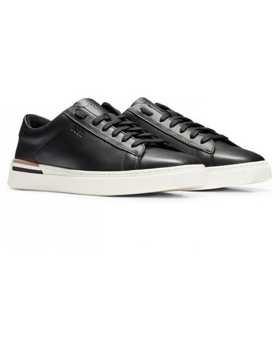 HUGO Clint Leather Cupsole Trainers With Logos And Signature Stripe - Black