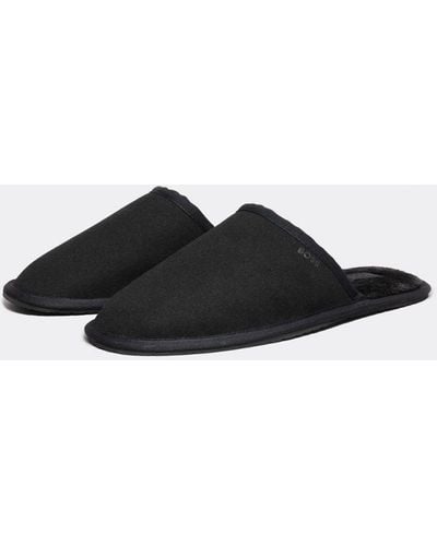 BOSS Faux-suede Mule Slippers With Rubber Sole - Black