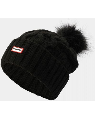 HUNTER Unisex Cable Knit Beanie With Pom - Black