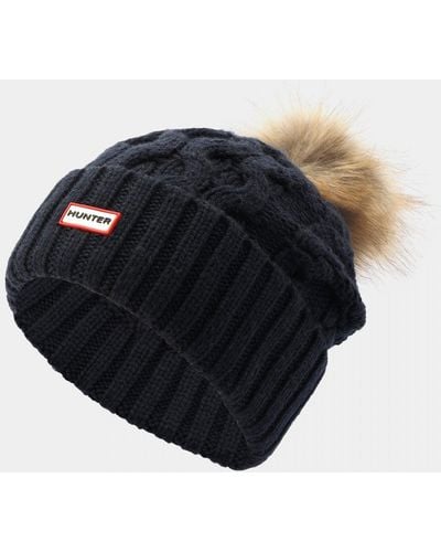 HUNTER Unisex Cable Knit Beanie With Pom - Black