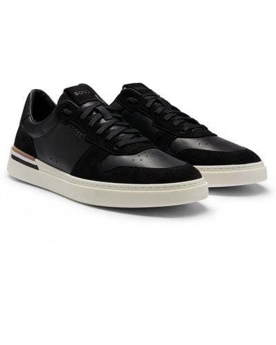 BOSS Clint Cupsole Lace-up Trainers In Leather And Suede - Black