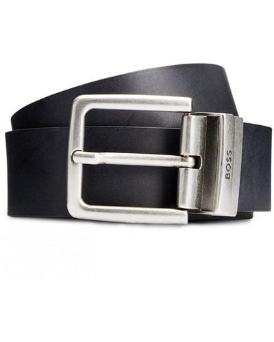 BOSS Omar-g Reversible Italian Leather Belt With Branded Keeper - Black