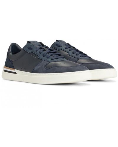BOSS Clint Cupsole Lace-up Trainers In Leather And Suede - Blue