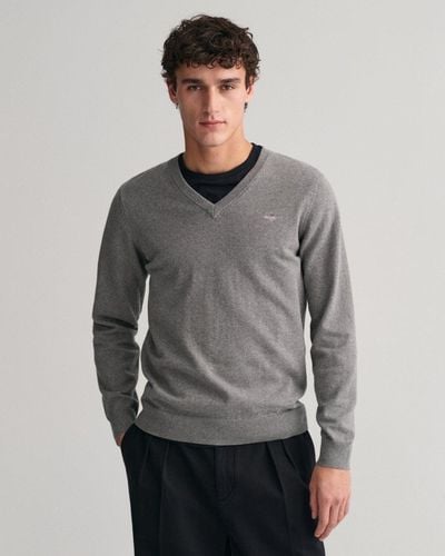 GANT Classic Cotton V-neck Sweater - Grey
