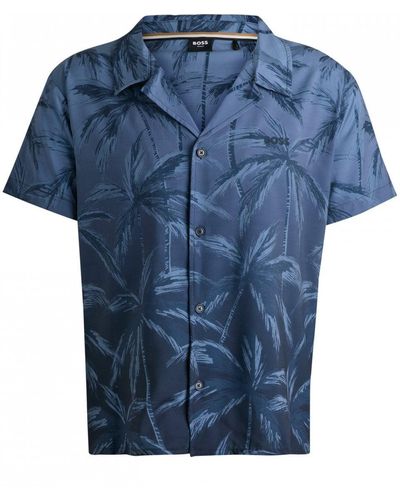 BOSS Zen Palm Tree Print Beach Shirt - Blue