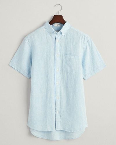 GANT Regular Linen Houndstooth Short Sleeve Shirt - Blue