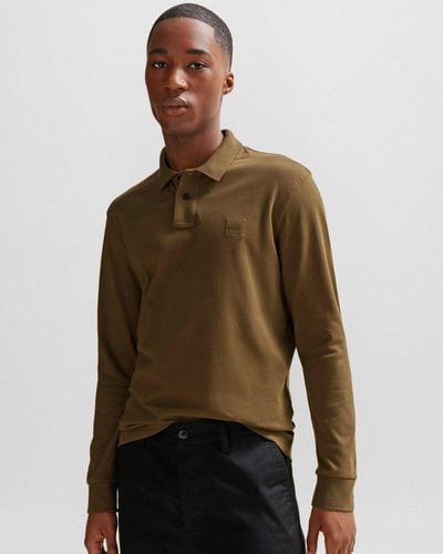 BOSS Passerby Long Sleeve Stretch-cotton Polo Shirt With Logo Patch - Green