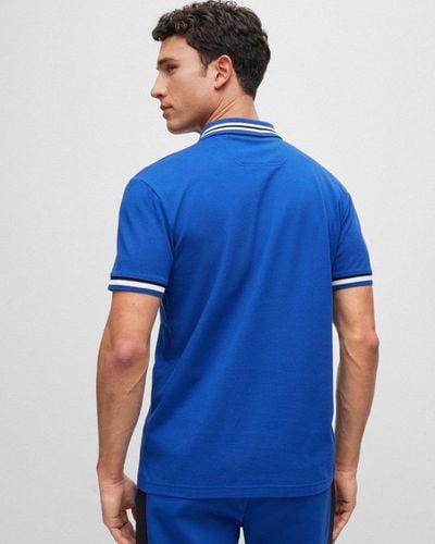 BOSS Paddy 2 Cotton-piqué Polo Shirt With Ribbed Striped Trims - Blue