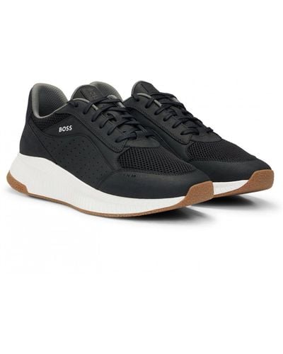 BOSS Titanium Evo Leather Lace-up Trainers With Mesh Trims - Black