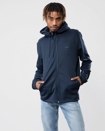 BOSS Saggy Curved Logo Zip Through Hoodie - Blue