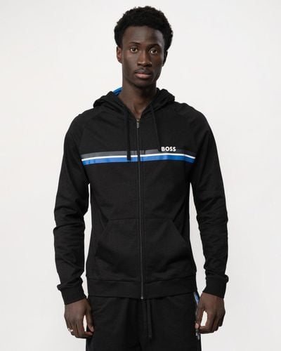 BOSS Authentic Cotton Terry Zip Lounge Hoodie With Stripes And Logo - Black