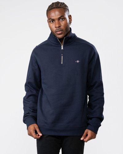 GANT Shield Logo Half Zip Funnel Neck Sweatshirt - Blue