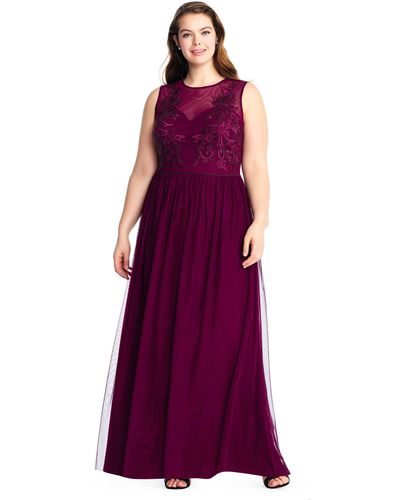 Adrianna Papell Women's Purple Lace Zippered Sleeveless Asymmetrical Neckline Maxi Sheath Evening Dress Purple Size 8