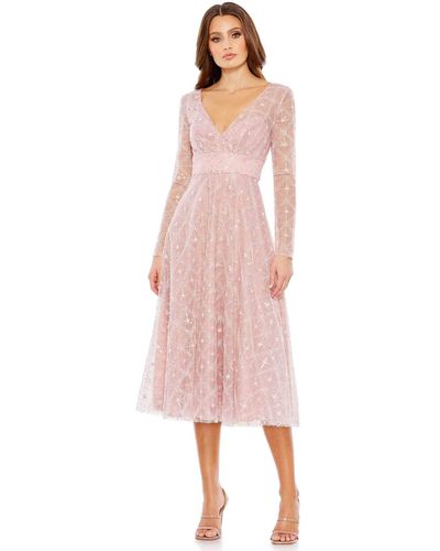 Mac Duggal 68003 Shimmer Long Sleeve Tea Length Dress - Pink