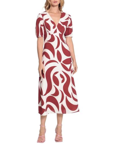 Donna Morgan D8059m Puff Sleeve Print Tea Length Dress - Red