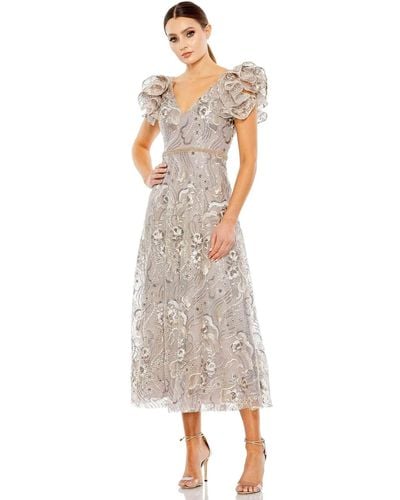 Mac Duggal 68262 Embroidered Lace A-line Midi Dress - Gray