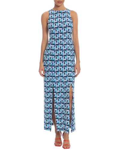Donna Morgan Dt040m Sleeveless Print Long Dress - Blue