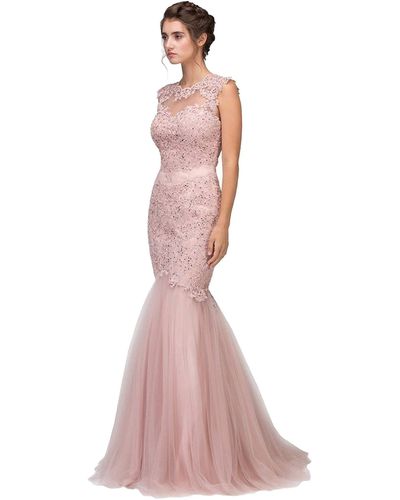 Eureka Fashion Bridal Lace Illusion Mermaid Wedding Evening Gown - Pink
