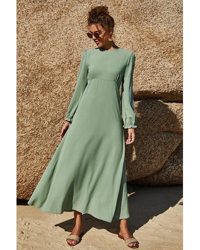 Crystal Wardrobe Floral Puff Sleeve Flounce Dress - Green