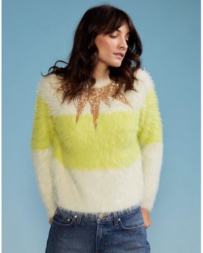 Cynthia Rowley Fuzzy Stripe Sequin Sweater - Yellow
