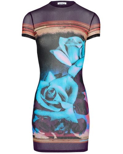 Jean Paul Gaultier Roses Mini Dress Multicolour In Nylon - Blue