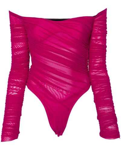 Mugler Off-shoulder Ruched Bodysuit - Pink