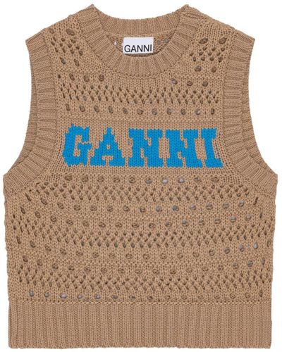 Ganni Short Vest Beige In Cotton - Natural