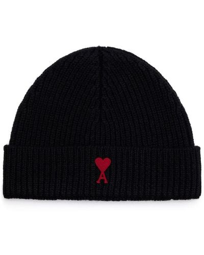 Ami Paris Logo-embroidered Ribbed-knit Beanie - Black