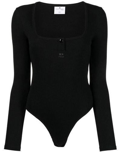 Courreges Logo-embroidered Long-sleeve Henley Bodysuit - Black