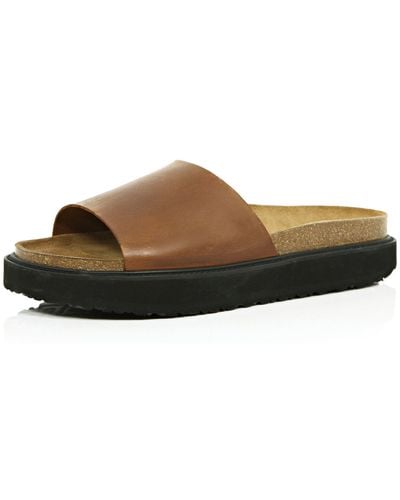 River Island Brown Leather Chunky Slide Sandals