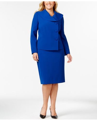 Tahari Plus Size Asymmetrical-three-button Jacket Skirt Suit - Blue