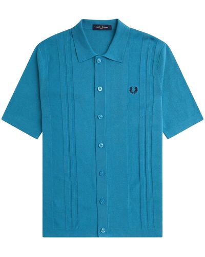 Fred Perry Button Through Knitted Shirt - Blue