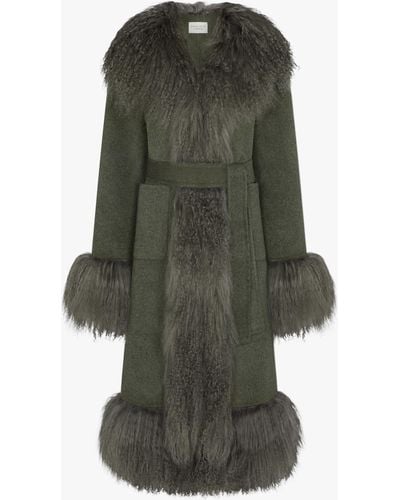 Charlotte Simone Harlow Khaki Flecked Wool Mongolian Lambswool Long-line Coat - Green