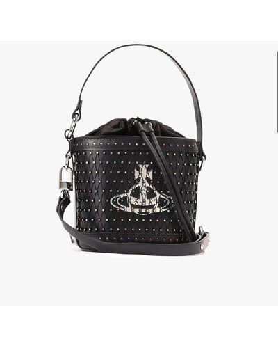 Vivienne Westwood Daisy Black Crystal Leather Drawstring Bucket Bag