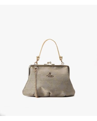 Vivienne Westwood Granny Frame Jacquard Orborama Lurex Gold & Grey Purse On A Chain - Natural
