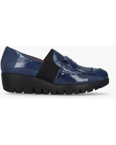 Wonders Kenai Navy Patent Leather Low Wedge Loafers - Blue