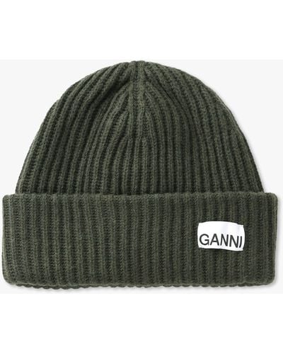 Ganni Khaki Oversized Wool Ribbed Beanie Hat - Green