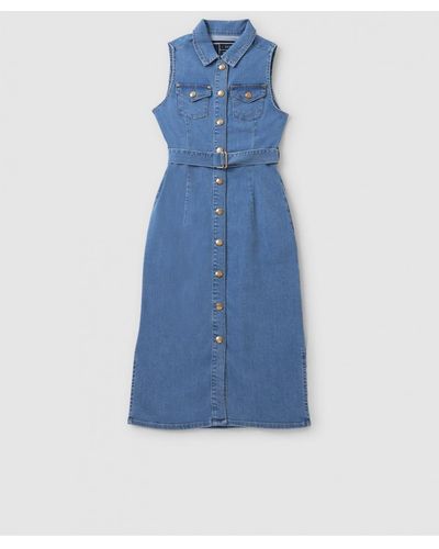 Holland Cooper Womens Sleeveless Denim Button Up Dress In Light Indigo Wash - Blue