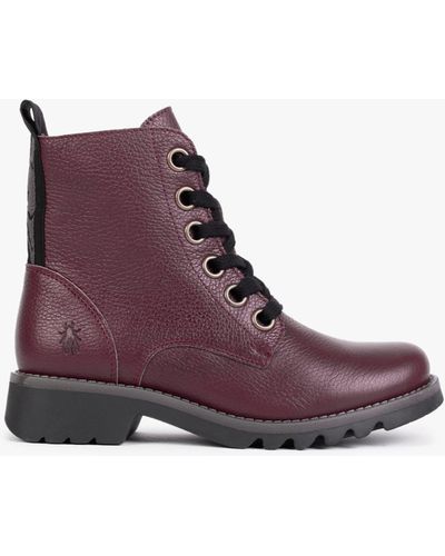 Fly London Ragi Burgundy Pebbled Leather Ankle Boots - Purple