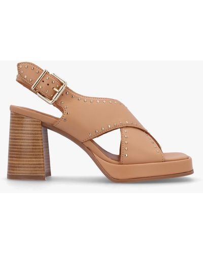 Alpe Clancy Tan Leather Studded Platform Block Heel Sandals - Natural