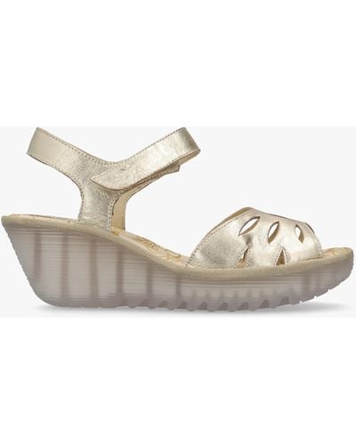 Fly London Yazi Gold Leather Wedge Sandals - White