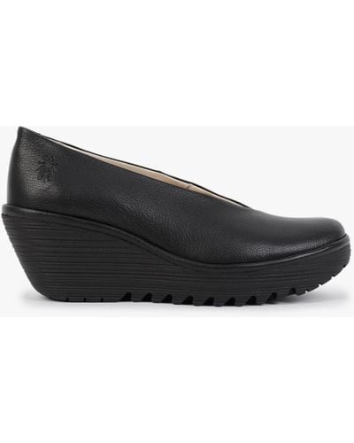 Fly London Yaz Black Leather Wedge Court Shoes