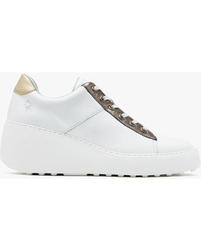 Fly London Delf White Bronze Leather Wedge Trainers