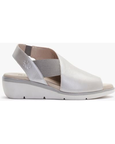 Fly London Nily Silver Leather Low Wedge Sandals - Gray