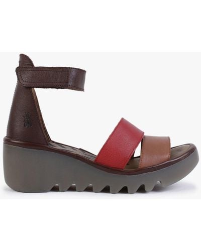 Fly London Bono Tan Cherry Red Brown Leather Low Wedge Sandals