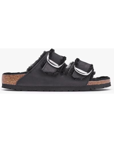 Birkenstock Arizona Shearling Black Natural Oiled Leather Two Bar Mules