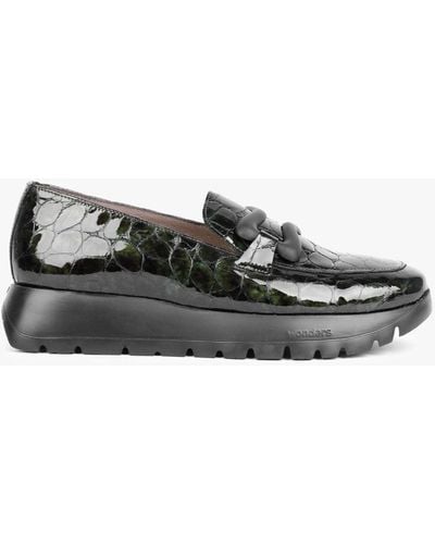Wonders Hermes Khaki Patent Leather Moc Croc Loafers - Black