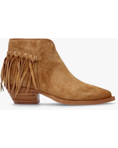 Alpe Ajax Tan Suede Fringed Western Stacked Heel Ankle Boots - Brown