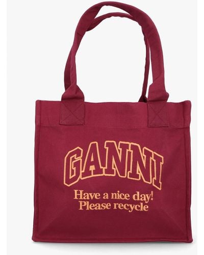Ganni Large Burgundy Recycled Cotton Logo Shopper Bag - Red